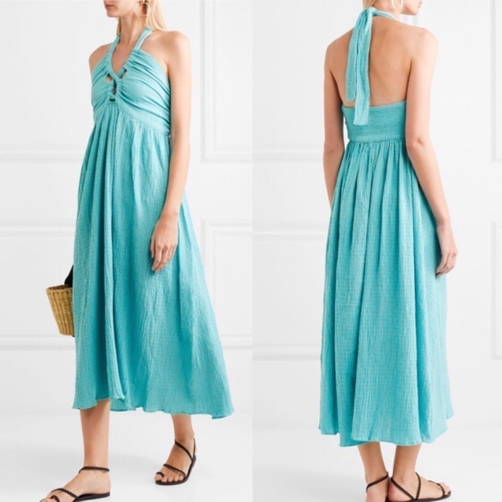 Mara Hoffman Swim Annika Searsucker Halter Tie Cutout Blue Smocked S Dress